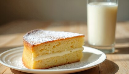 Fluffy yellow sponge cake slice with creamy vanilla filling on white plate. Top dusted with fine powdered sugar. Tall glass of fresh white milk sits on rustic wood table in morning light. Delicious