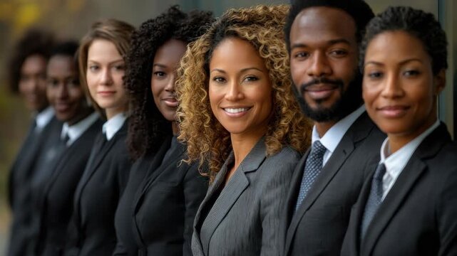 Diverse professionals lined up, smiling at the viewer