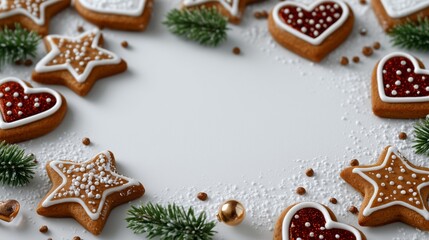 Fototapeta premium Flat lay of assorted Christmas cookies in star, heart, and tree shapes on white background, powdered sugar dusted, elegant minimal composition, New Year vibe, festive sweetness, and cozy charm