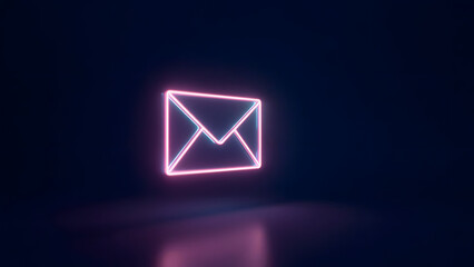 Minimal glowing envelope icon on dark background with neon holographic outline. Right-side copyspace for text, symbolizing digital communication.