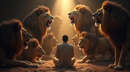 A dramatic biblical scene of Daniel standing calmly among lions inside a dimly lit ancient den
