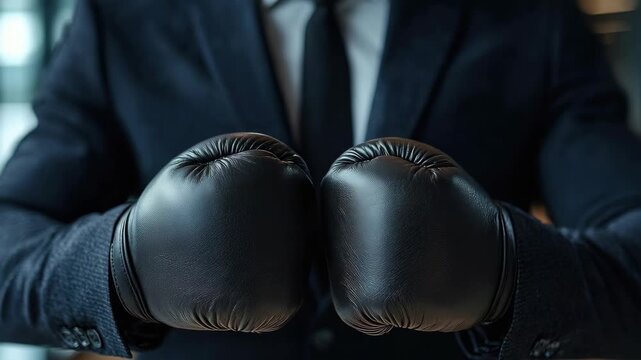 Dressed businessman wearing black boxing gloves