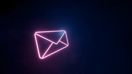 Minimal glowing envelope icon on dark background with neon holographic outline. Right-side copyspace for text, symbolizing digital communication.