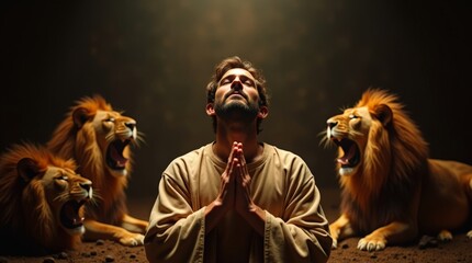 A dramatic biblical scene of Daniel standing calmly among lions inside a dimly lit ancient den
