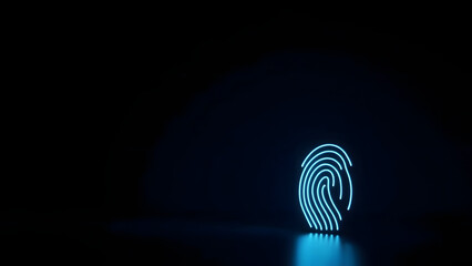 Minimal glowing fingerprint icon on dark background, representing cybersecurity. Ample empty space for text or design placement.