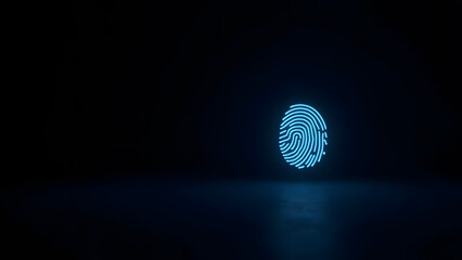Minimal glowing fingerprint icon on dark background, representing cybersecurity. Ample empty space for text or design placement.