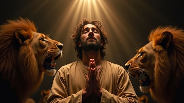 A dramatic biblical scene of Daniel standing calmly among lions inside a dimly lit ancient den