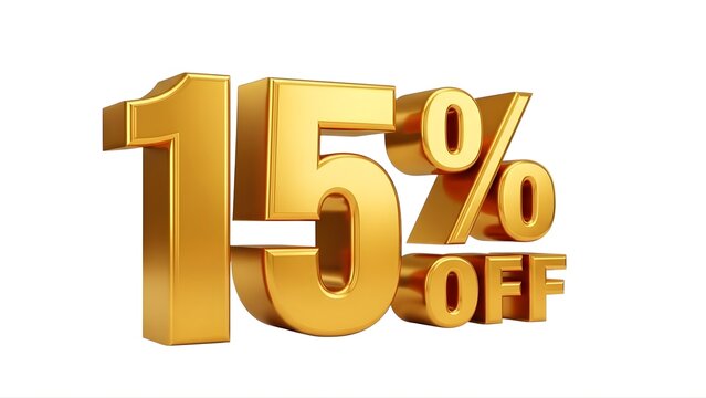 Fifteen percent off gold sale discount promotion offer limited time special deal clearance savings price reduction on transparent background