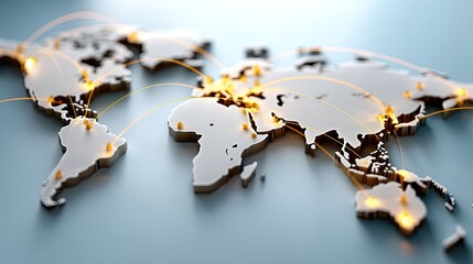 Digital map highlights key global locations with glowing points and lines, showcasing international connections and movements