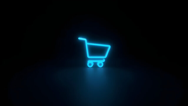 Minimal glowing shopping cart icon on dark background with neon outline. Left-side copyspace for text, representing e-commerce and online shopping.