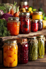 A counter with jars of homemade preserves, freshly canned fruits and vegetables, symbolizing seasonal bounty and self-sufficiency.