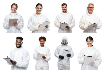 PNG Diverse scientists in protective gear, element set on transparent background