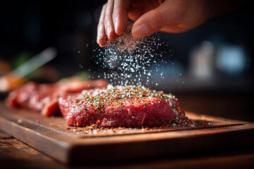 A person's hand sprinkling seasonings over raw meat on a cutting board, emphasizing flavor enhancement for grilling.