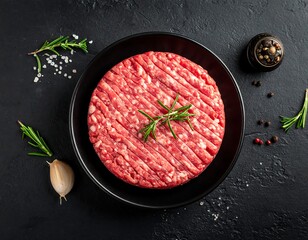 Overhead shot of a raw, circular beef patty on a black plate, garnished with rosemary sprigs, sea salt, pepper and a clove of garlic