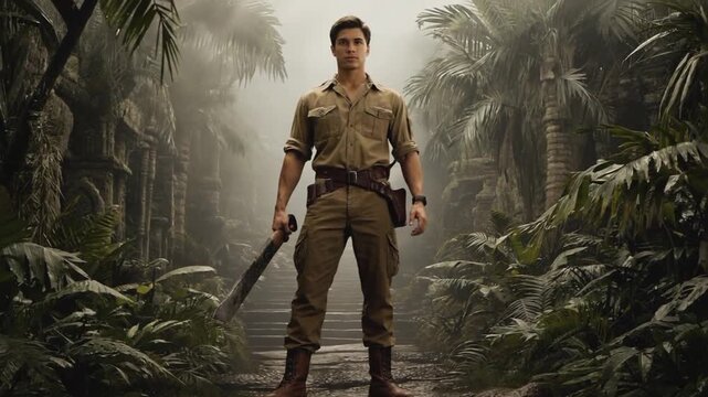 Explorer with machete in the jungle.