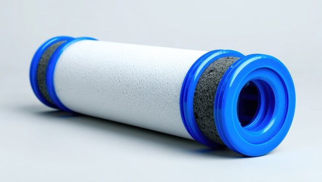 Vibrant photo of a modern water filter cartridge with blue end caps