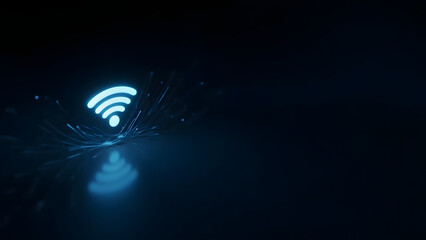 Minimal glowing Wi-Fi icon on dark background with holographic lines. Right-side copyspace allows text or design placement, symbolizing digital connectivity.