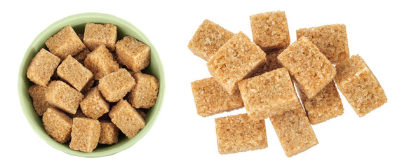 brown sugar in a ceramic bowl isolated on white background. Top view. Flat lay