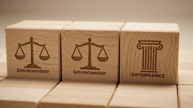 Wooden Blocks Arranged Depicting Environment Government and Governance with Scales and Column Iconography in Soft Studio Lighting