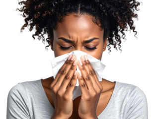 Pretty girl is Sneezing into a tissue because of her allergy or cold transparent background png 