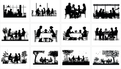 Collection of people dining in restaurants and outdoors isolated on white background