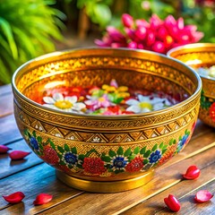 Ornate golden bowl filled with water and floating flowers on wooden surface