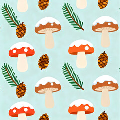 PATTERN FUNGHI E PIGNE IN INVERNO