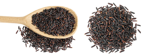Fototapeta premium Black wild rice in wooden spoon isolated on white background close up. Top view. Flat lay
