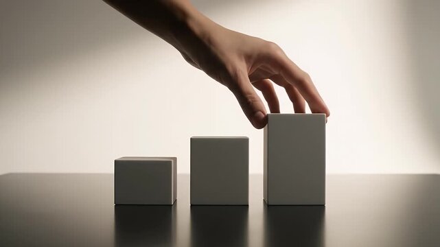 White Cubes Arranged in Ascending Order on a Reflective Black Surface Against a Gradient White Background Under Soft Lighting