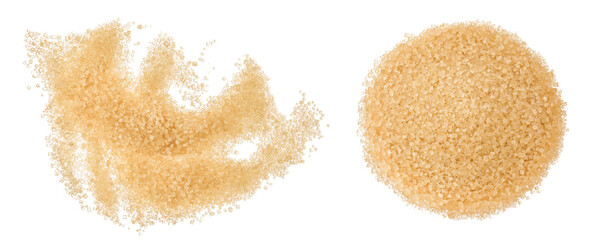 pile of brown granulated sugar isolated on white background. Top view, flat lay