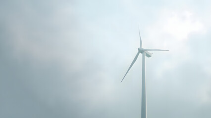 Minimal wind turbine icon on a cloudy background, isolated with left-side copyspace. Symbolizing renewable energy and sustainability.