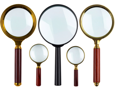  set of detective and science Magnifying glass for research searching and discovery analyses, finding facts concepts isolated cutout on transparent  background png 