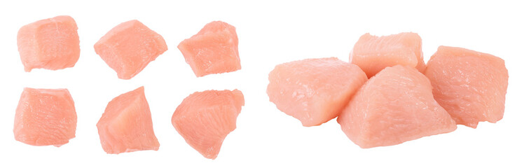 Raw diced chicken fillet isolated on white background. Top view. Flat lay