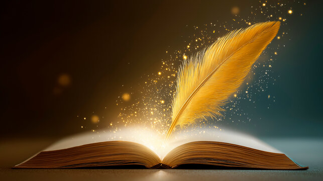 A golden pen writing a new chapter in a blank book, concept of a new beginning