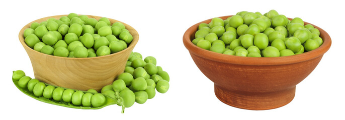 Fresh green peas in wooden bowl isolated on white background