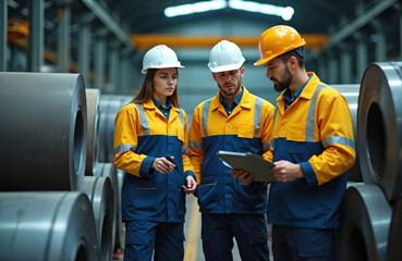 Team of factory workers in safety gear analyze project data. Engineering crew discussing work process. Factory employees wearing helmets and uniform near metal rolls in manufacturing warehouse