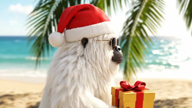 Tropical christmas: festive monkey with gift on sunny beach holiday