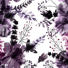 Purple flowers. Seamless floral pattern of fantasy flowers and branches with berries on a white background.