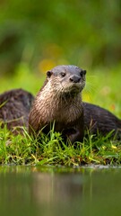 Fototapeta premium Close-up of North American river otters by a waterway