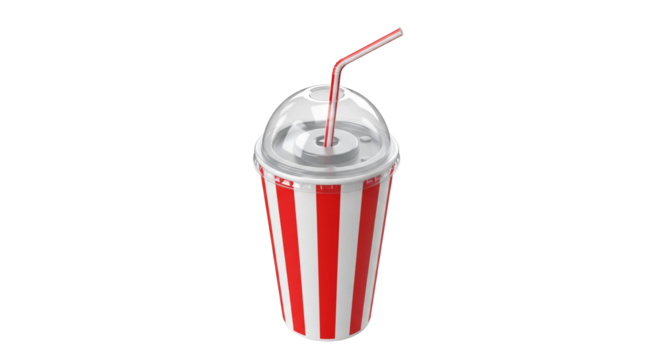 realistic 3D of soft drink cup with red stripes and straw, isolated