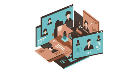 Global Digital Collaboration: Modern Vector Illustration of Seamless Multi-User Virtual Meetings