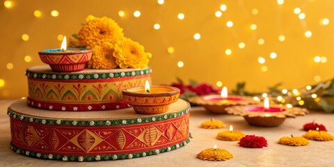 Yellow stage setup featuring and hanging diwali diya lamp decorations, in the golden yellow background.