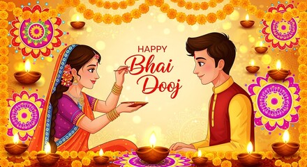 Sacred Bhai Dooj Scene Sister Performing Ritual Prayer in Front of Brother Surrounded by Bright Diyas Lotus Flowers Golden Cloth Backdrop Capturing Spiritual Light and Sibling Bond in Vibrant Colors