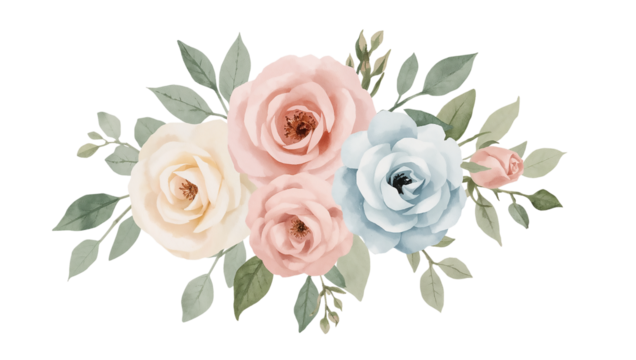 Illustration of watercolor roses and leaves bouquet isolated on transparent background