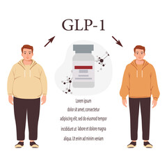 GLP-1 hormone concept with illustration of male figures and medication bottle in background