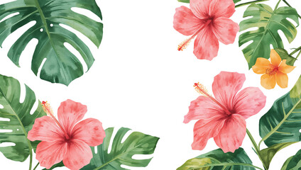 Illustration of watercolor tropical leaves and flowers frame isolated on transparent background