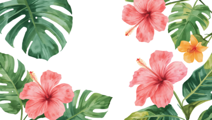 Illustration of watercolor tropical leaves and flowers frame isolated on transparent background