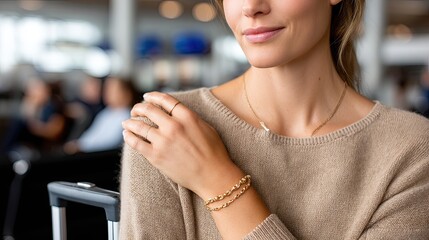 A traveler confidently grips a sleek silver suitcase while standing in a contemporary airport, ready to embark on a journey