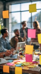 Creative brainstorming session with colorful sticky notes, collaborative teamwork in modern office space exploring innovative ideas and strategies