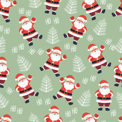 Christmas seamless pattern with Santa Claus and pine trees on a green background